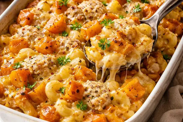 Zapieczony makaron dziecięcy z dynią i kurczakiem (comfort food)