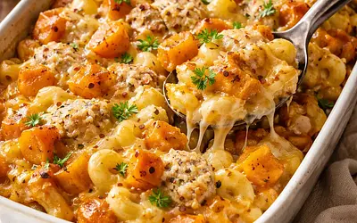 Zapieczony makaron dziecięcy z dynią i kurczakiem (comfort food)