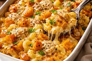 Zapieczony makaron dziecięcy z dynią i kurczakiem (comfort food)