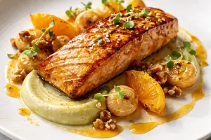 Elegant grilled salmon fillet in orange-honey glaze with celery cream and caramelized beets