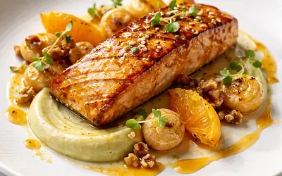 Elegant grilled salmon fillet in orange-honey glaze with celery cream and caramelized beets