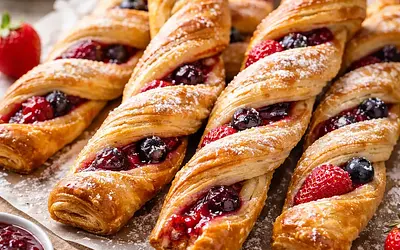 Faworki z ciasta francuskiego z owocami