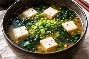 Miso soup with tofu and seaweed