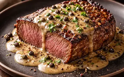 Beef steak with pepper sauce