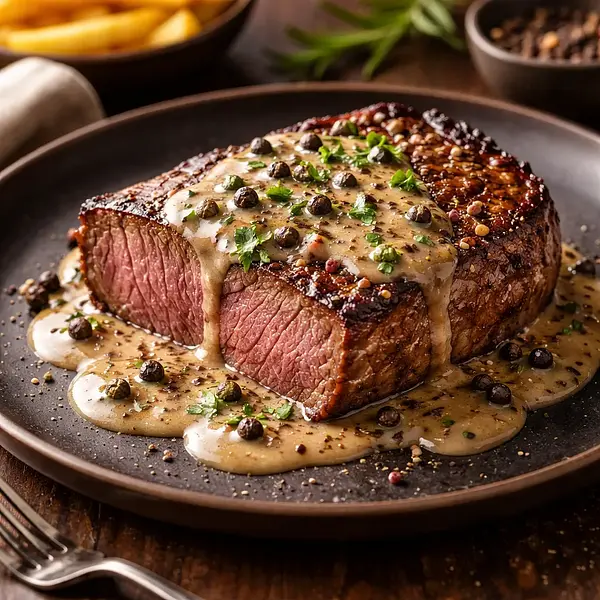 Beef steak with pepper sauce