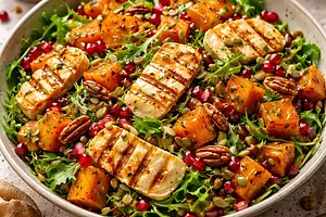 Autumn salad with roasted pumpkin, halloumi, and pomegranate