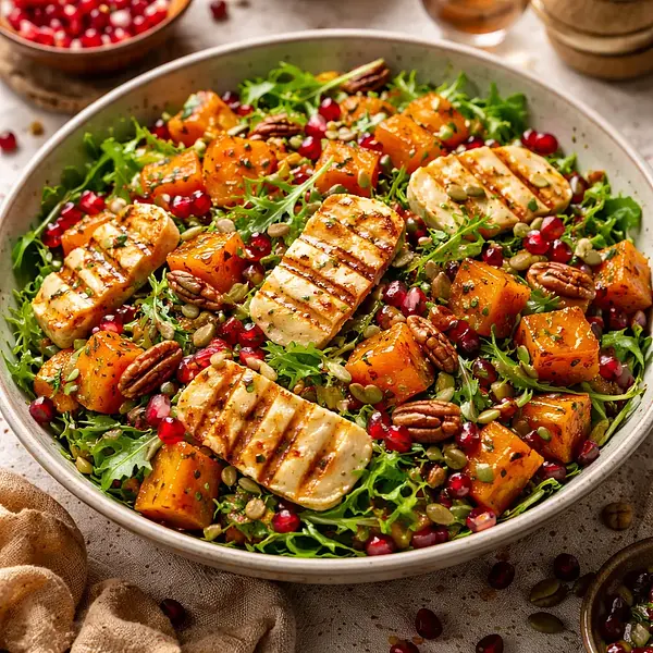 Autumn salad with roasted pumpkin, halloumi, and pomegranate