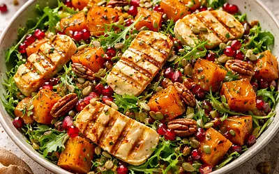 Autumn salad with roasted pumpkin, halloumi, and pomegranate
