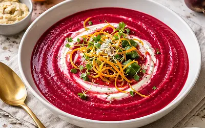 Velvety cream of roasted beets and celery with a hint of orange and horseradish