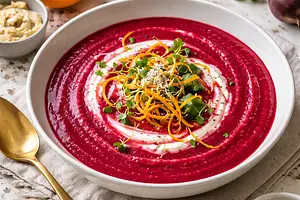 Velvety cream of roasted beets and celery with a hint of orange and horseradish