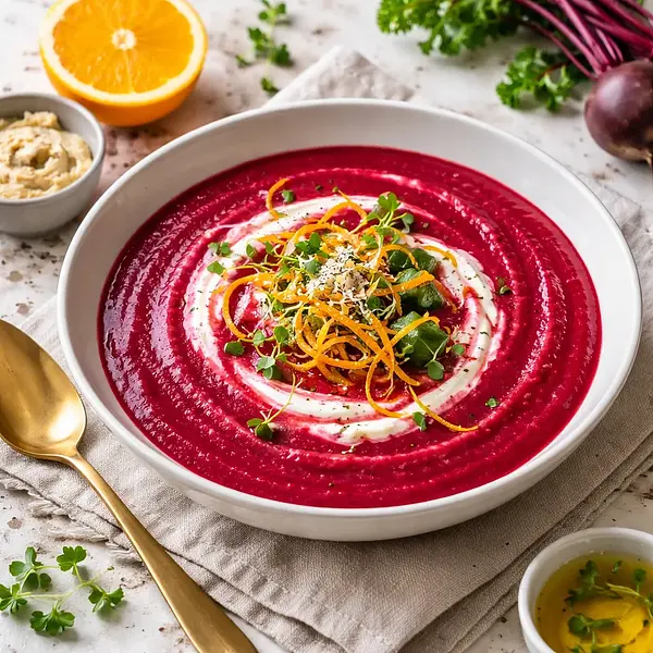 Velvety cream of roasted beets and celery with a hint of orange and horseradish