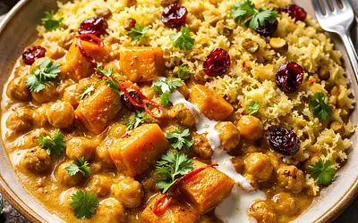 Aksamitne Korma z Dyni i Ciecierzycy z Szafranowym Pulao z Żurawiną i Pistacjami