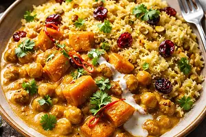 Velvety Pumpkin and Chickpea Korma with Saffron Pulao with Cranberries and Pistachios