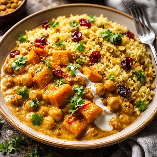 Aksamitne Korma z Dyni i Ciecierzycy z Szafranowym Pulao z Żurawiną i Pistacjami