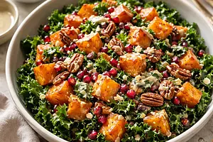 Salad with Roasted Butternut Squash, Kale, and Pomegranate in Maple-Tahini Dressing