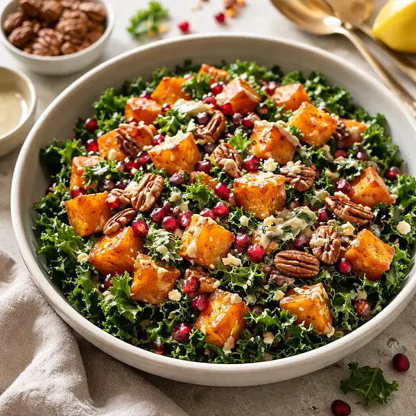 Sałatka z pieczoną dynią piżmową, jarmużem i granatem w sosie klonowo-tahinowym