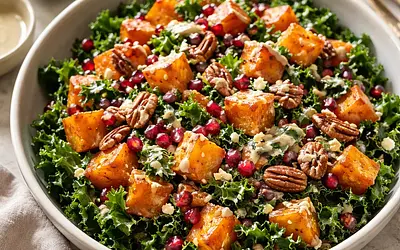 Salad with Roasted Butternut Squash, Kale, and Pomegranate in Maple-Tahini Dressing