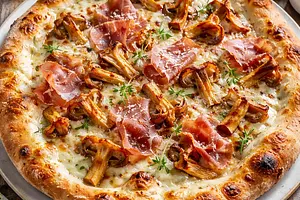 White Pizza with Chanterelles, Parma Ham, and Truffle Oil