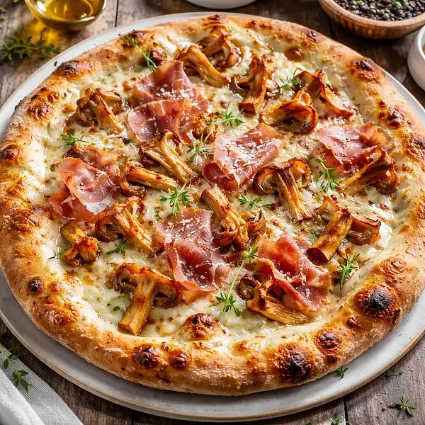 White Pizza with Chanterelles, Parma Ham, and Truffle Oil