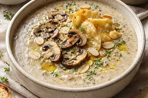 Creamy Mushroom-Almond Soup with Parsnip Chips