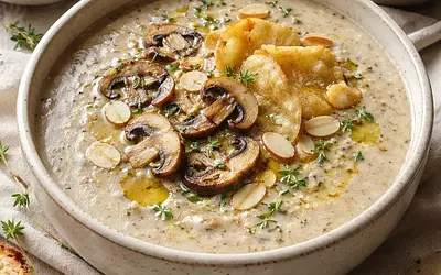 Creamy Mushroom-Almond Soup with Parsnip Chips