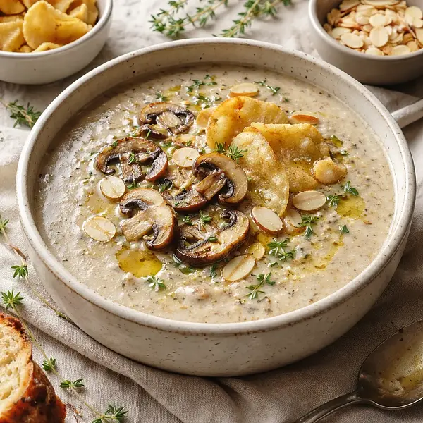 Creamy Mushroom-Almond Soup with Parsnip Chips