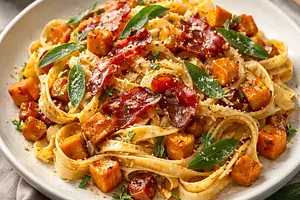 Tagliatelle z pieczoną dynią, szałwią i chrupiącym prosciutto