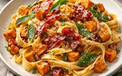 Tagliatelle z pieczoną dynią, szałwią i chrupiącym prosciutto