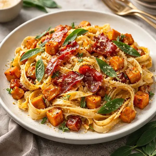 Tagliatelle with roasted pumpkin, sage, and crispy prosciutto