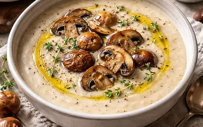 Creamy mushroom soup with chestnuts and truffle oil