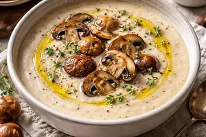 Creamy mushroom soup with chestnuts and truffle oil