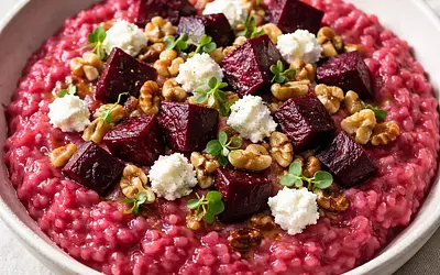 Creamy risotto with roasted beets, goat cheese, and toasted walnuts