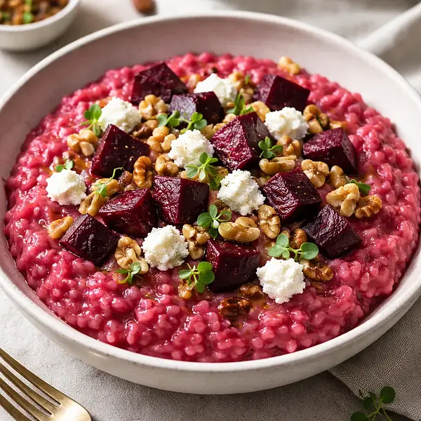 Creamy risotto with roasted beets, goat cheese, and toasted walnuts