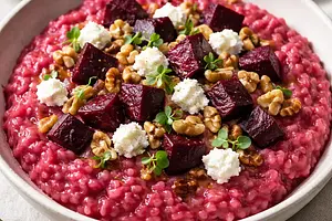 Creamy risotto with roasted beets, goat cheese, and toasted walnuts