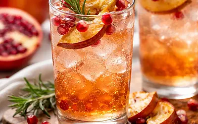 Sparkling drink with roasted apples and pomegranate with rosemary