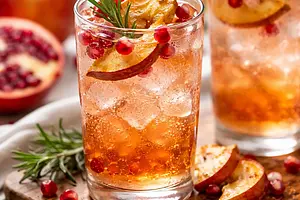 Sparkling drink with roasted apples and pomegranate with rosemary