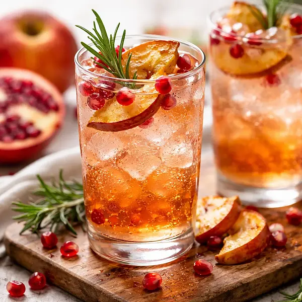 Sparkling drink with roasted apples and pomegranate with rosemary