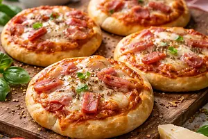 Mini pizzas with cheese and ham