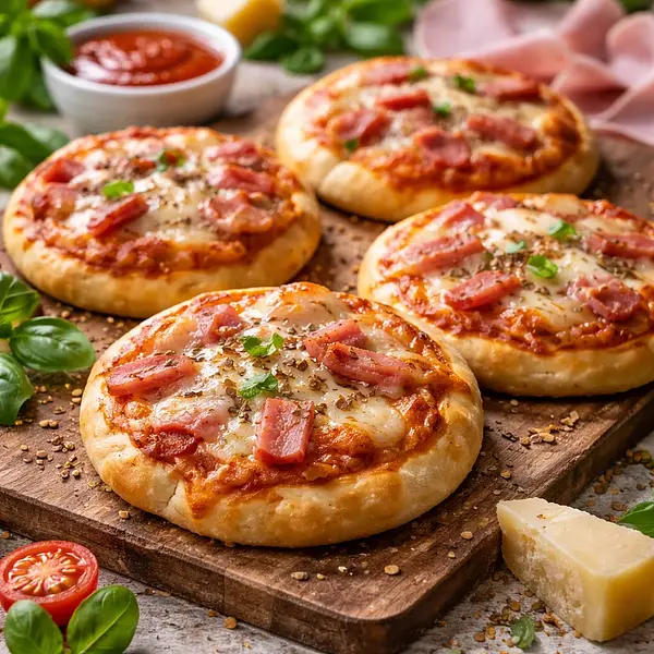 Mini pizzas with cheese and ham