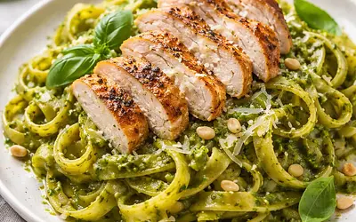 Pasta with pesto sauce and chicken