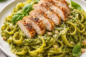 Pasta with pesto sauce and chicken