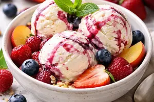 Creamy ice cream with fruits