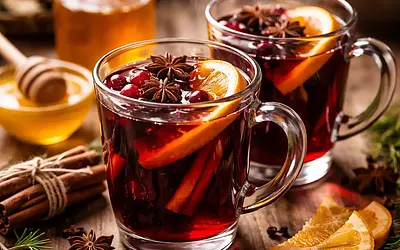 Traditional mulled wine with honey, orange, and spices