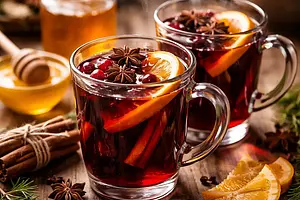 Traditional mulled wine with honey, orange, and spices