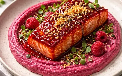 Łosoś w miso-malinowej glazurze z różowym purée z pieczonego buraka i chrupiącym panko — walentynkowe fusion
