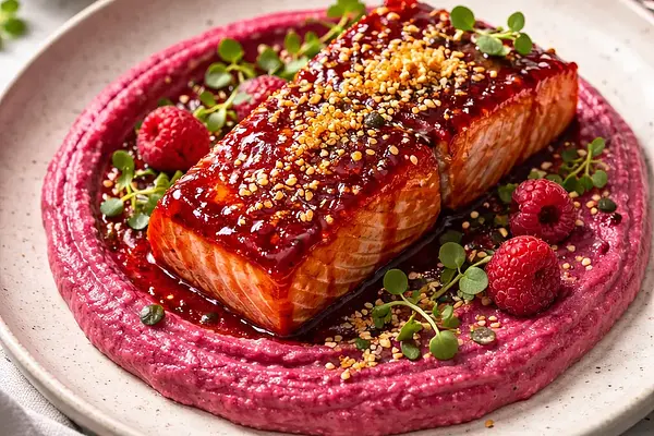 Łosoś w miso-malinowej glazurze z różowym purée z pieczonego buraka i chrupiącym panko — walentynkowe fusion