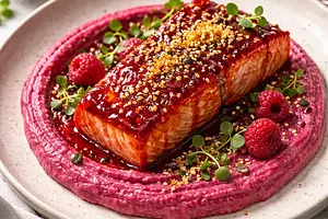 Łosoś w miso-malinowej glazurze z różowym purée z pieczonego buraka i chrupiącym panko — walentynkowe fusion