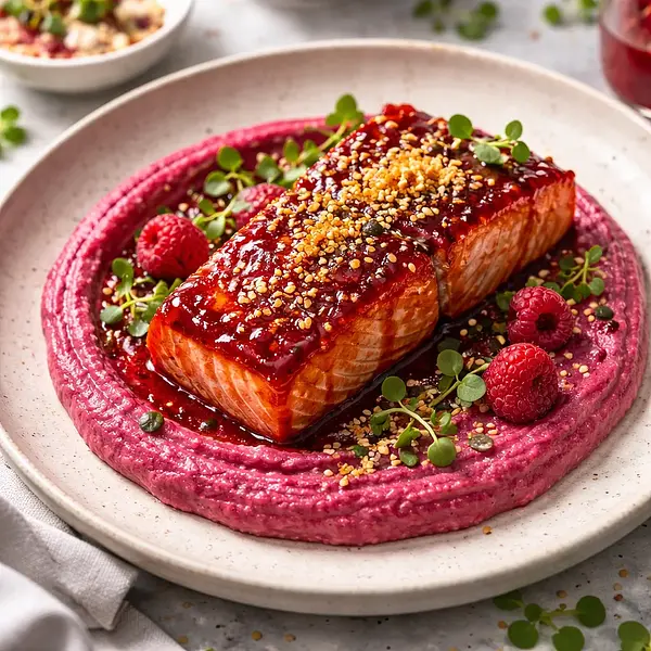 Łosoś w miso-malinowej glazurze z różowym purée z pieczonego buraka i chrupiącym panko — walentynkowe fusion