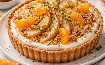 Modern pear and mandarin tart with mascarpone cream and almond crumble