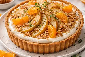 Modern pear and mandarin tart with mascarpone cream and almond crumble